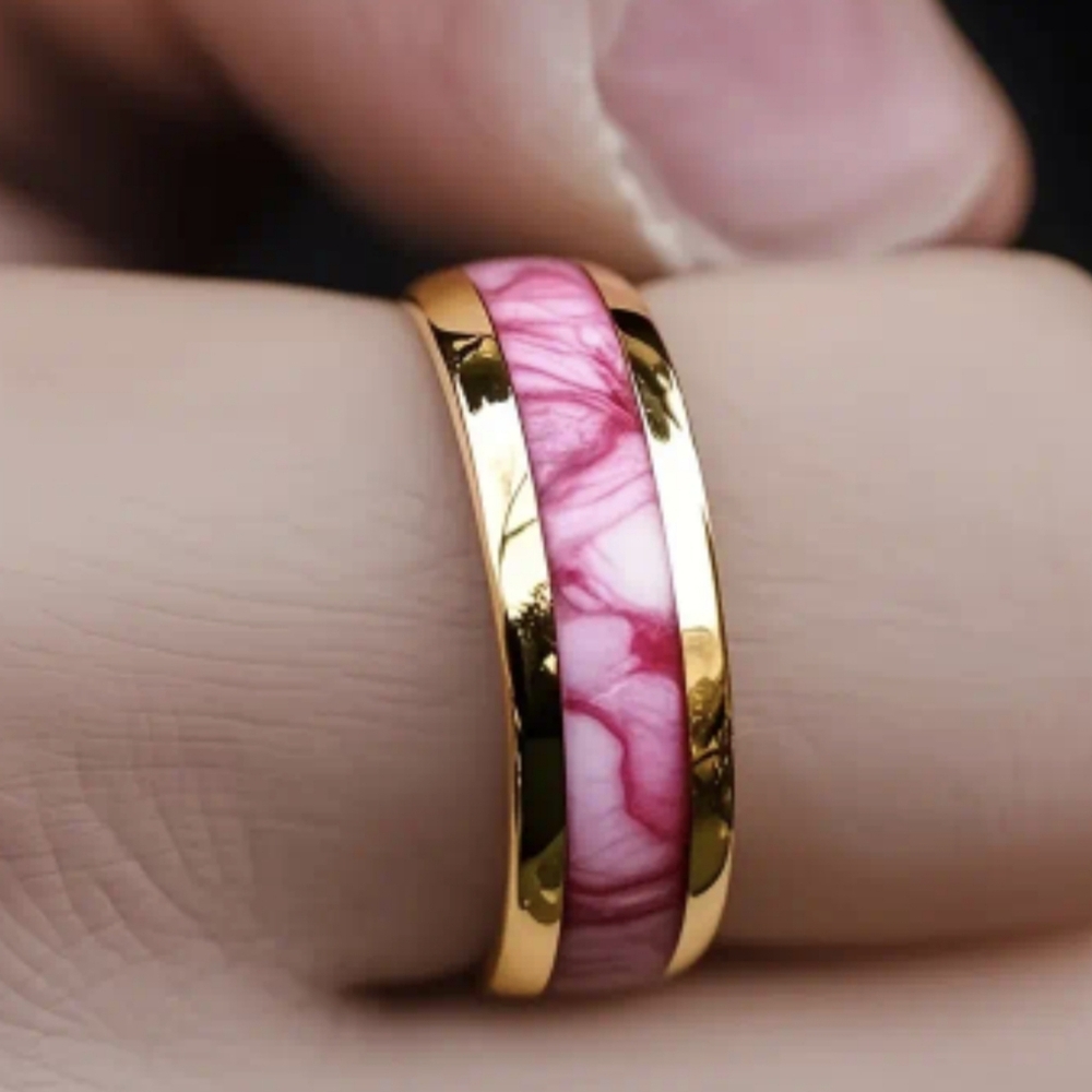 New Pink Marble Titanium Ring | Gold Tone Band | Unique Resin Inlay T2B1C
